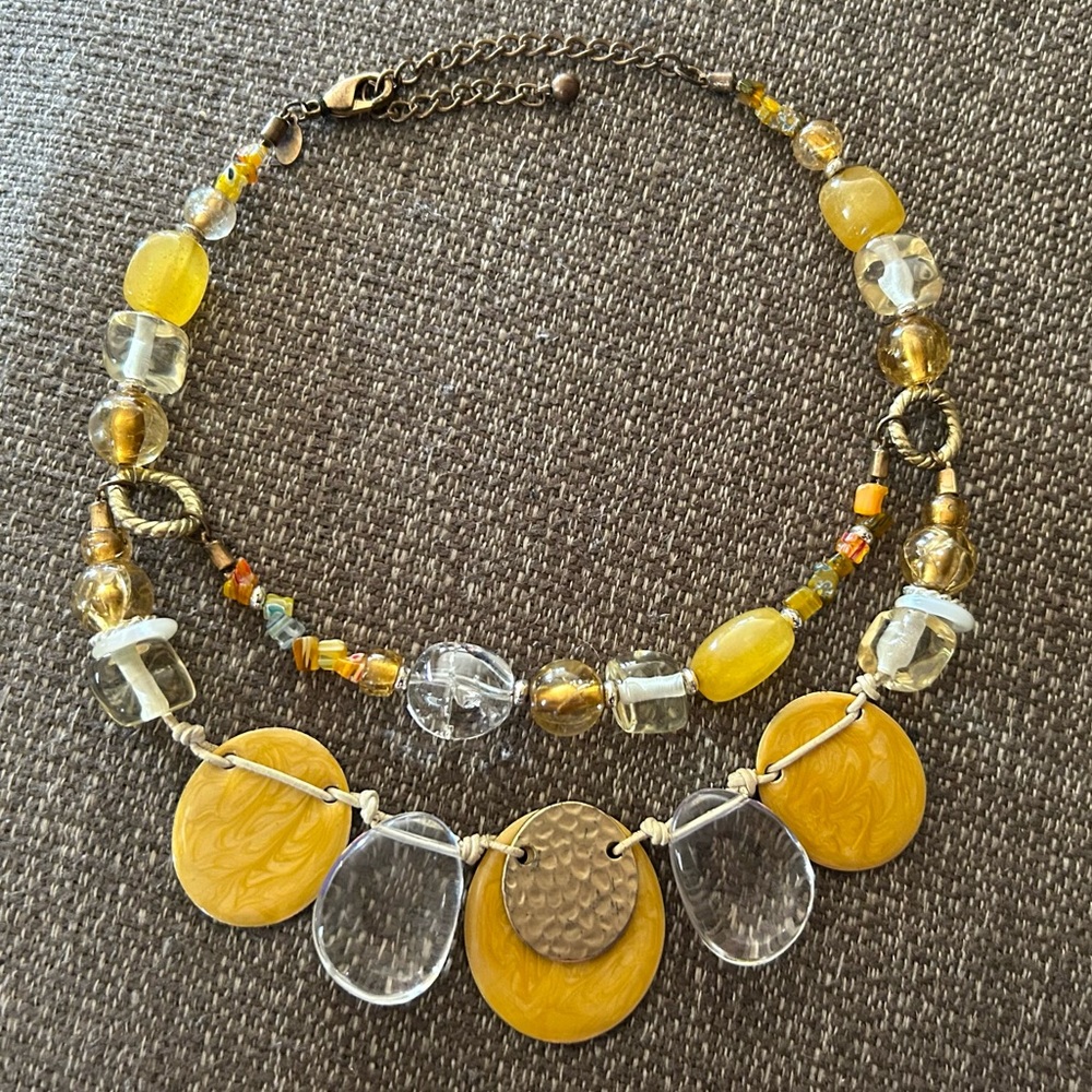 CHICO’S Gold Enamel & Clear Glass, Hammered Metal Statement Collar Necklace